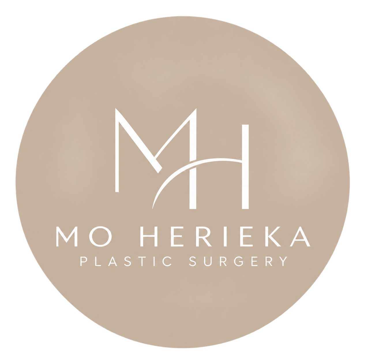 Logo for Mo Herieka Plastic Surgery with initials MH and full name in white on a beige circular background.
