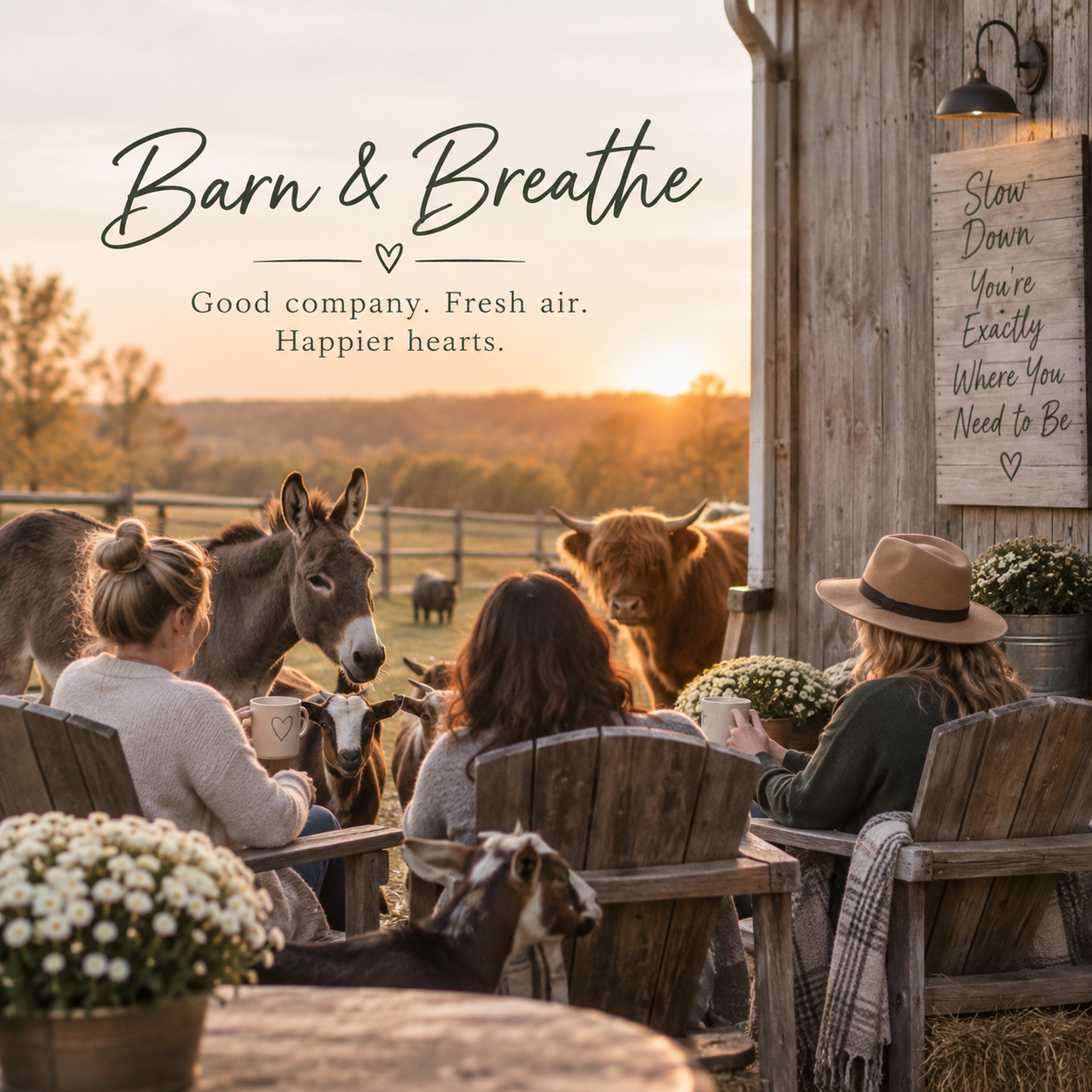 Women sitting in wooden chairs on farm, petting and observing donkeys and cows at sunset, with a rustic barn and motivational sign in the background.