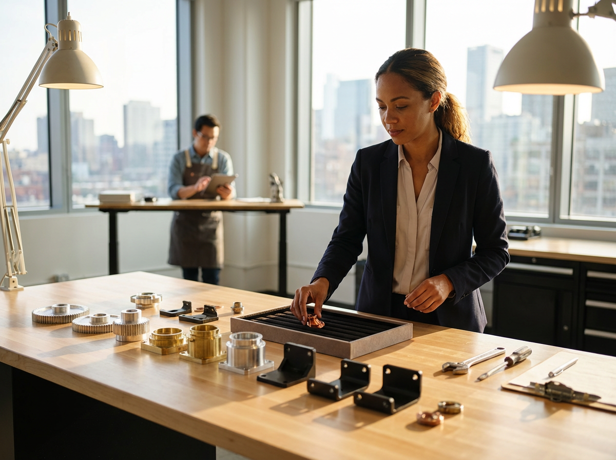A woman in a business suit working on watch parts at a woodworking workbench, with various watch components and tools arranged on the table. In the background, a person in an apron is using a tablet near large windows with a cityscape view.