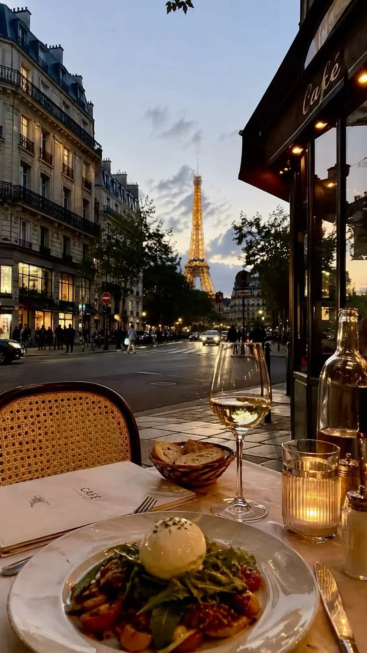 A view of a Parisian outdoor cafe table with a plate of salad and a ball of burrata cheese, a glass of white wine, bread, and a lit candle, with the Eiffel Tower illuminated in the background during dusk.