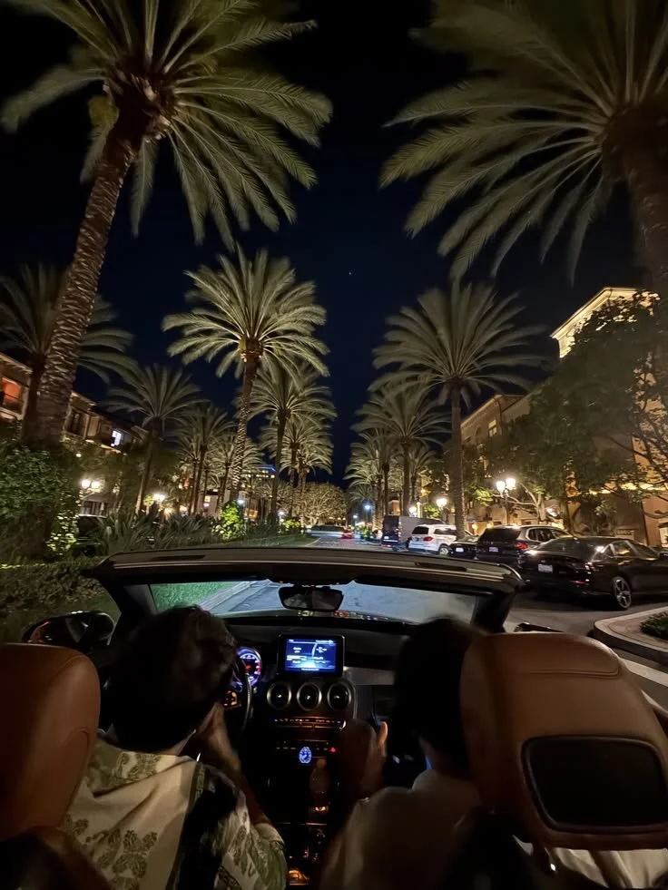 Inside a car at night driving through a street lined with tall palm trees illuminated by streetlights, with parked cars along the sides.