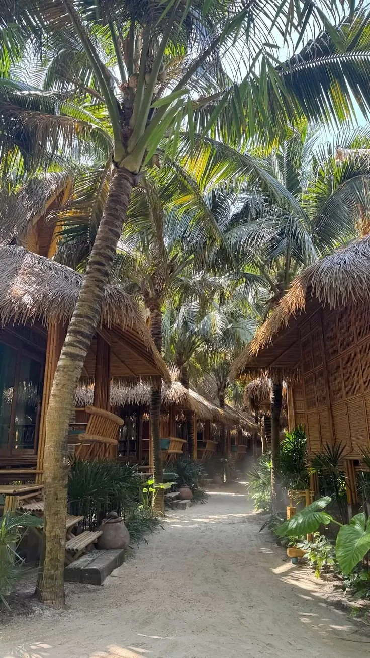 A sandy pathway flanked by thatched-roof huts and lush green tropical plants, with tall palm trees overhead.