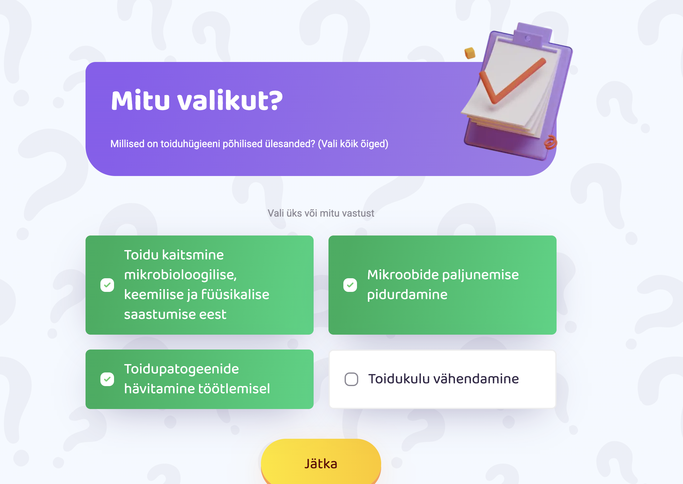 A digital questionnaire interface in Estonian with a purple header asking "Mitu valikut?" and options related to microbiological hygiene practices, with a colorful design and a yellow button labeled "Jätta" at the bottom.