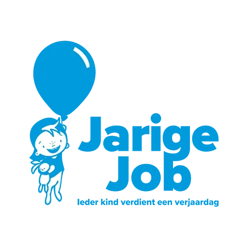 Illustratie van een blauwe verjaardagskaart met een cadeautje, een feesthoed en een vrolijk kind met een hond.