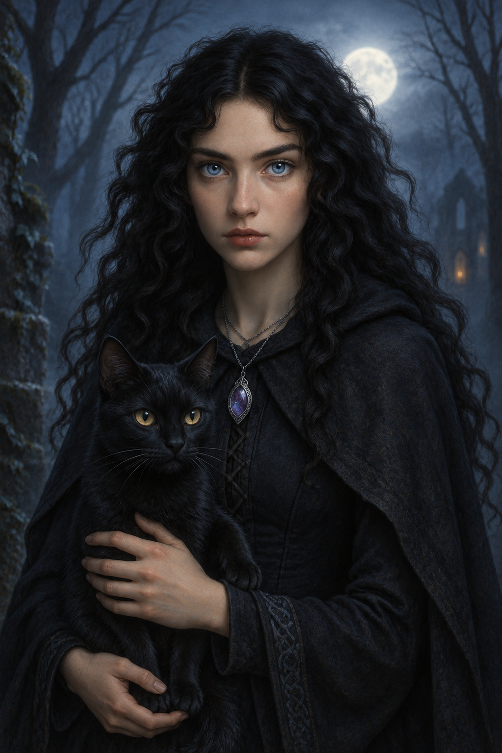 Raven and Crow: A young woman with long, curly black hair and blue eyes holding a black cat with yellow eyes.