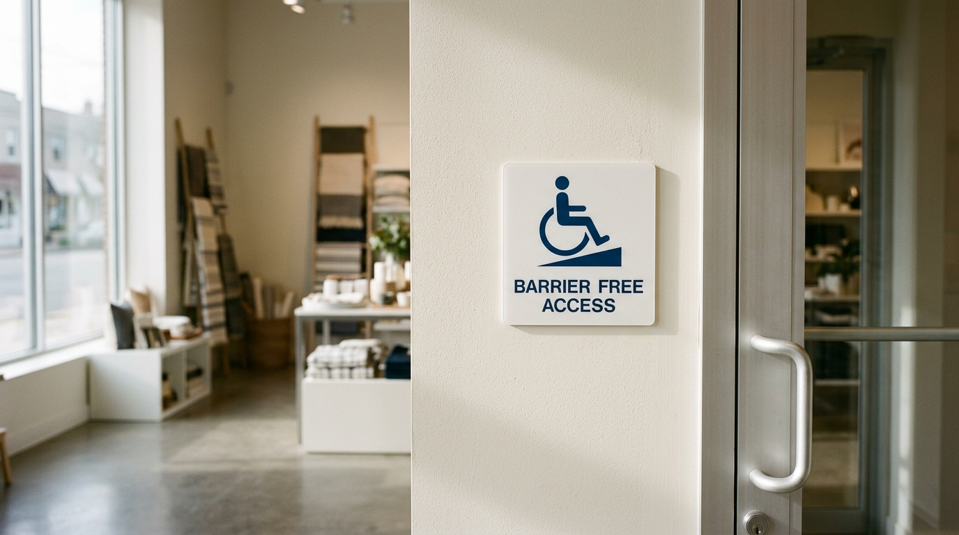 Interior of a store with a large window, shelves with textiles, and a sign on the wall indicating barrier-free access for wheelchair users.