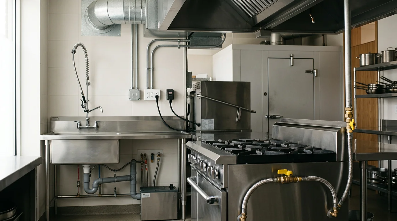 Commercial kitchen with stainless steel appliances, including a stove, sink, and storage cabinets.