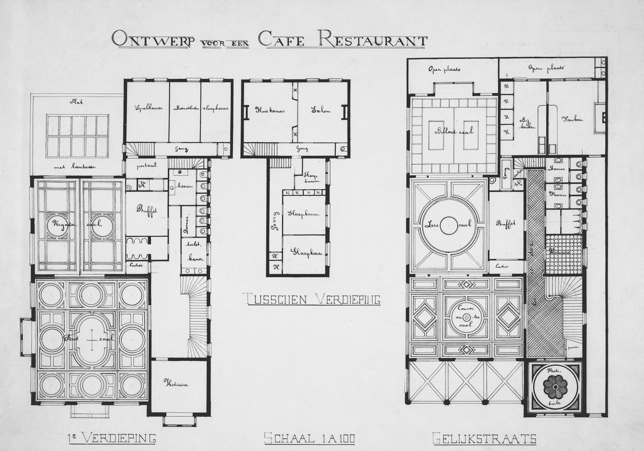 A detailed black-and-white architectural blueprint of a large building, including floor plans, layout of rooms, and design details for a cafe restaurant and associated spaces.