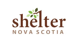 Logo with the word 'shelter' in large brown letters, accompanied by green leaves, and the text 'NOVA SCOTIA' below.