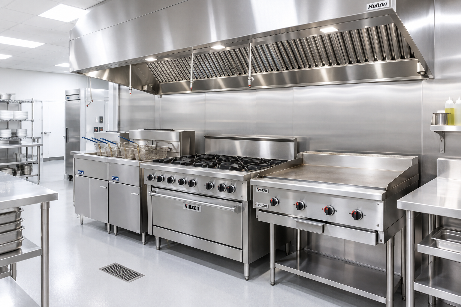 Commercial kitchen with stainless steel appliances, including a large stove, flat grill, and exhaust hood, with shelves and utensils.