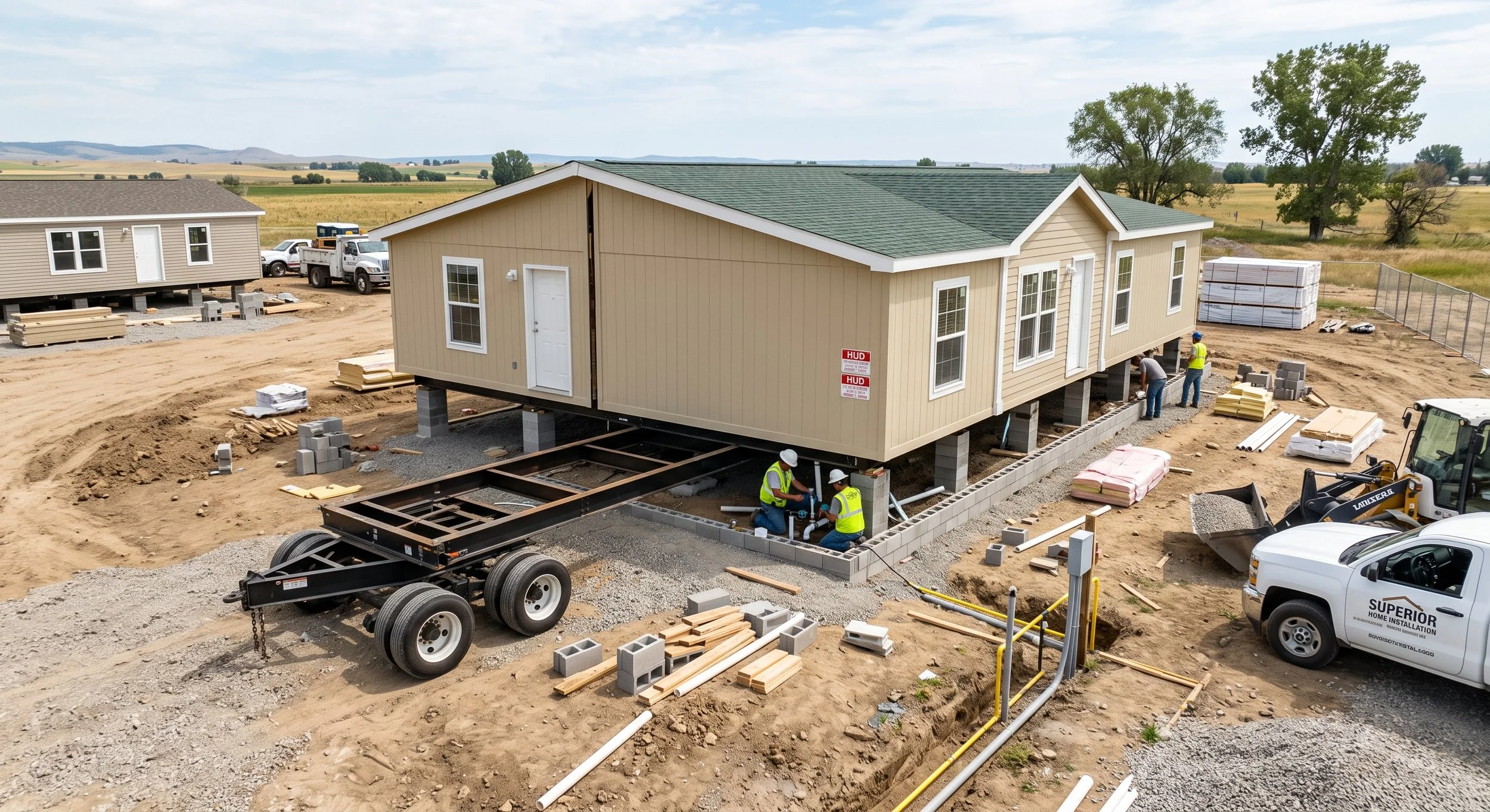 Construction site of a house on stilts, with workers installing the foundation and framing, surrounded by construction materials, vehicles, and equipment in a rural area.