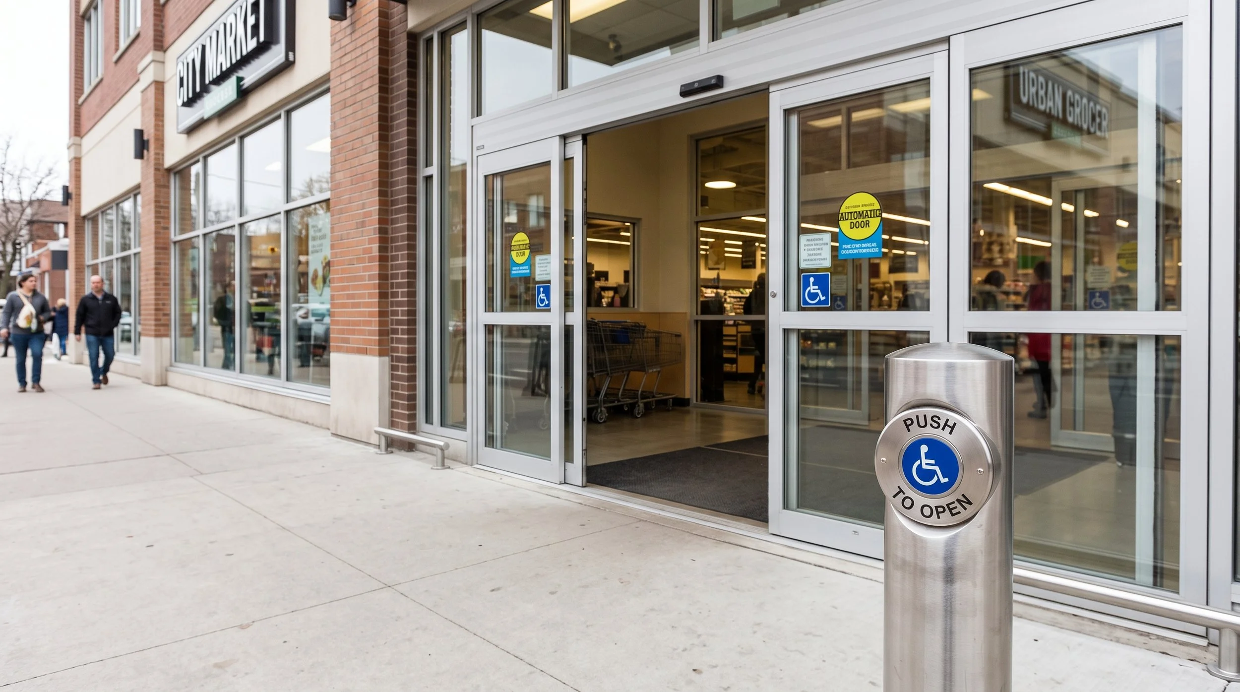 Entrance to a grocery store with automatic sliding doors, accessible signage, and a stainless steel push-to-open button. A few people are walking on the sidewalk outside.