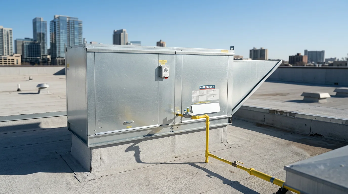 on a rooftop, a large metallic HVAC unit with yellow gas piping connected to it, with city buildings in the background under a clear blue sky.