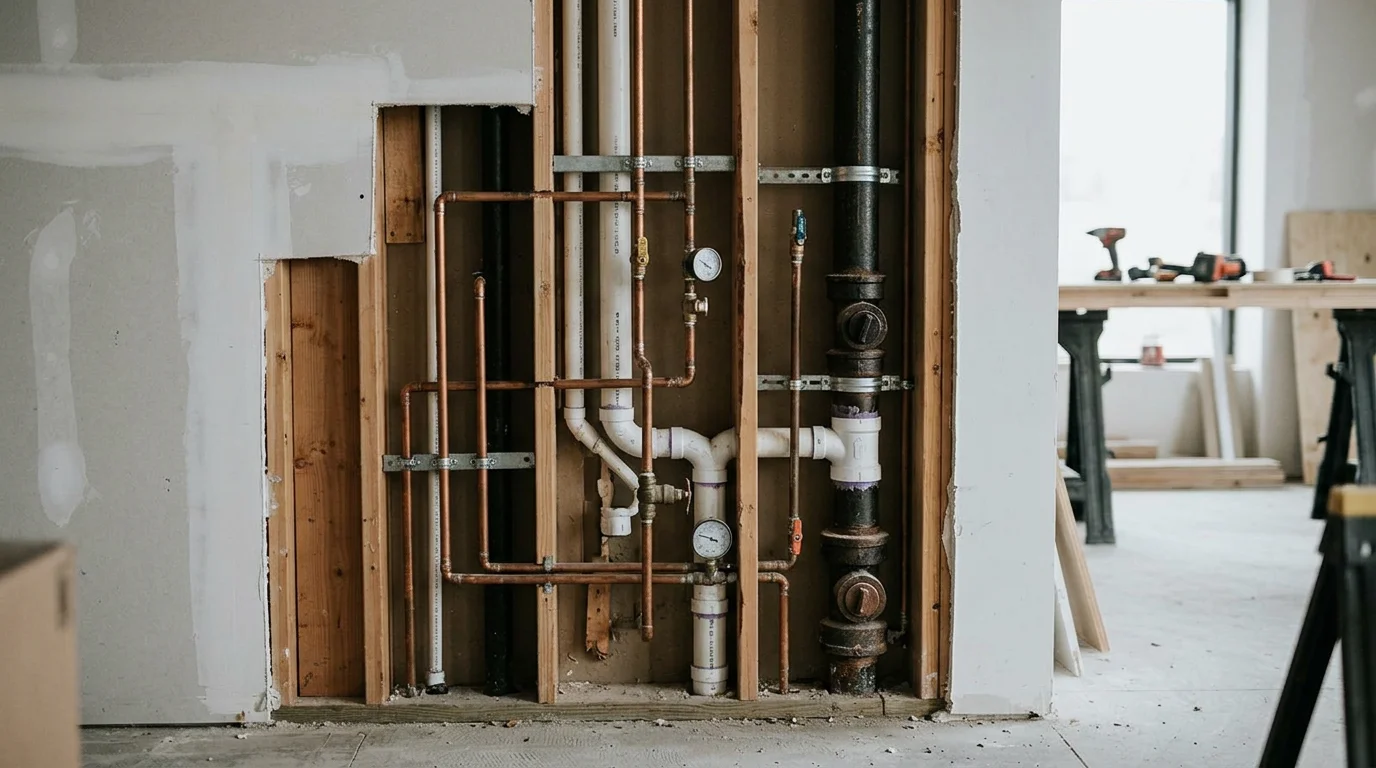 Construction site showing plumbing pipes and gauges in a partially built interior wall.