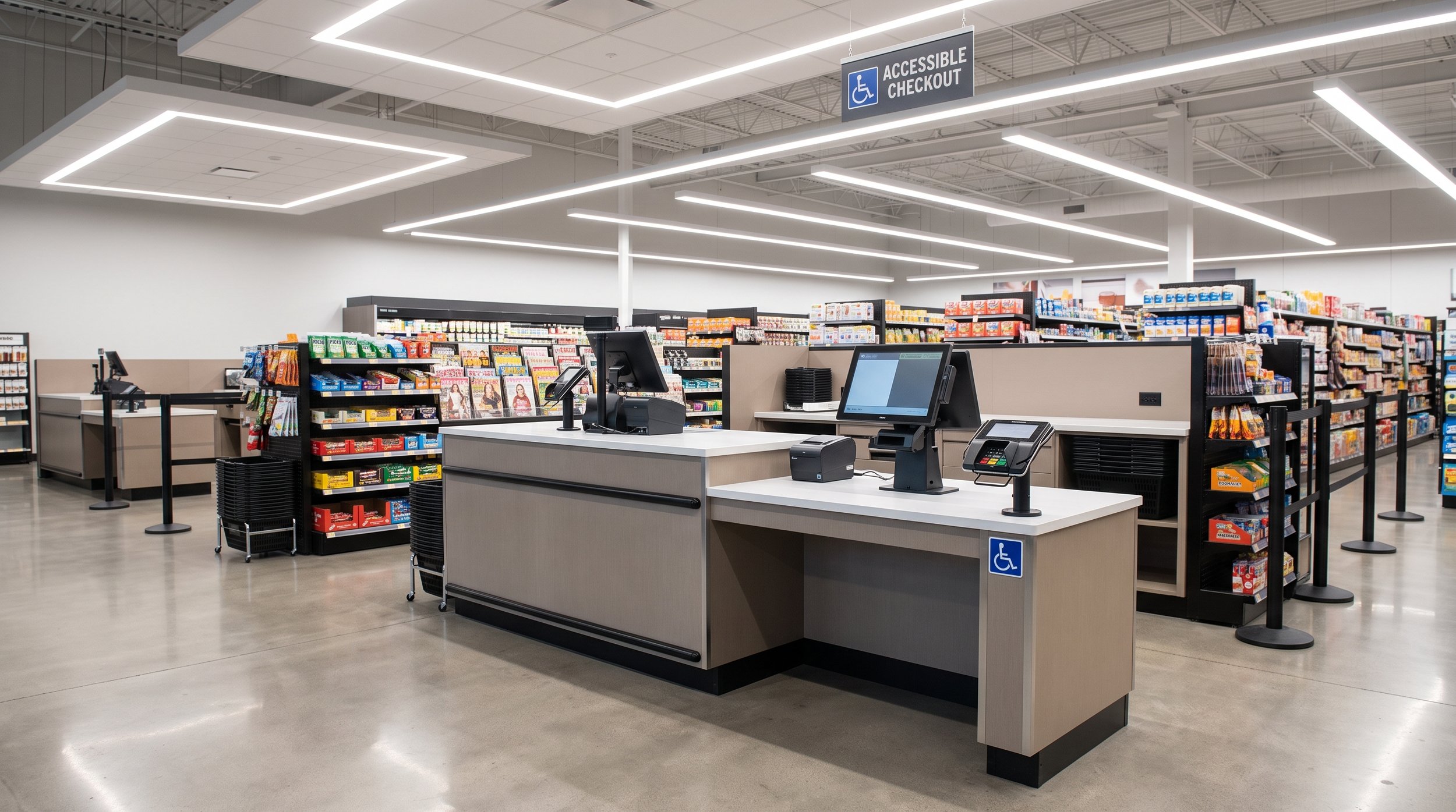 Inside a retail store near the checkout area with a designated accessible checkout station marked by a sign and a wheelchair symbol, featuring cash registers, barcode scanners, and shelves with various products.