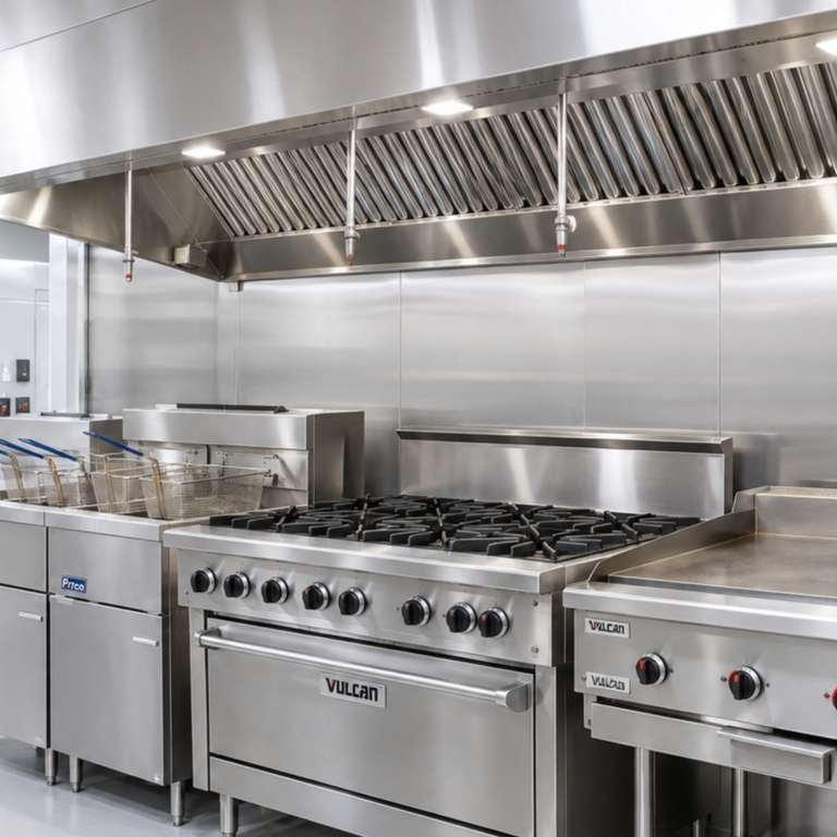 Stainless steel commercial kitchen with a large stove, oven, and range hood.