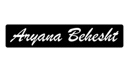 Text saying 'Aryana Behesht' in white cursive font on a black rectangular background
