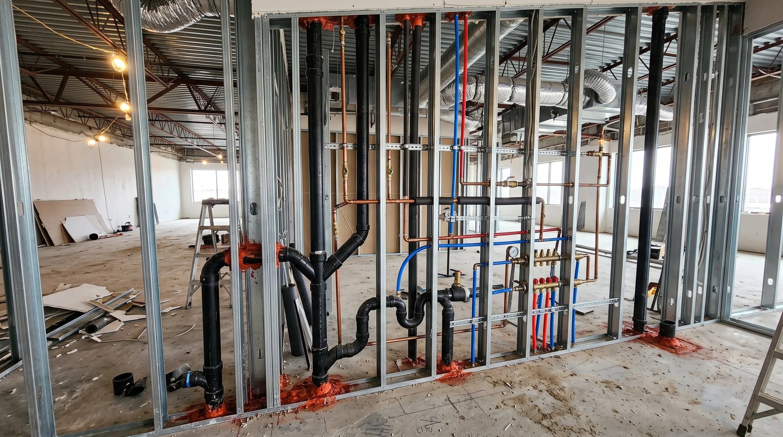 Interior of a building under construction with visible metal framing and plumbing pipes, some painted blue and red, mounting fixtures, and unfinished walls.