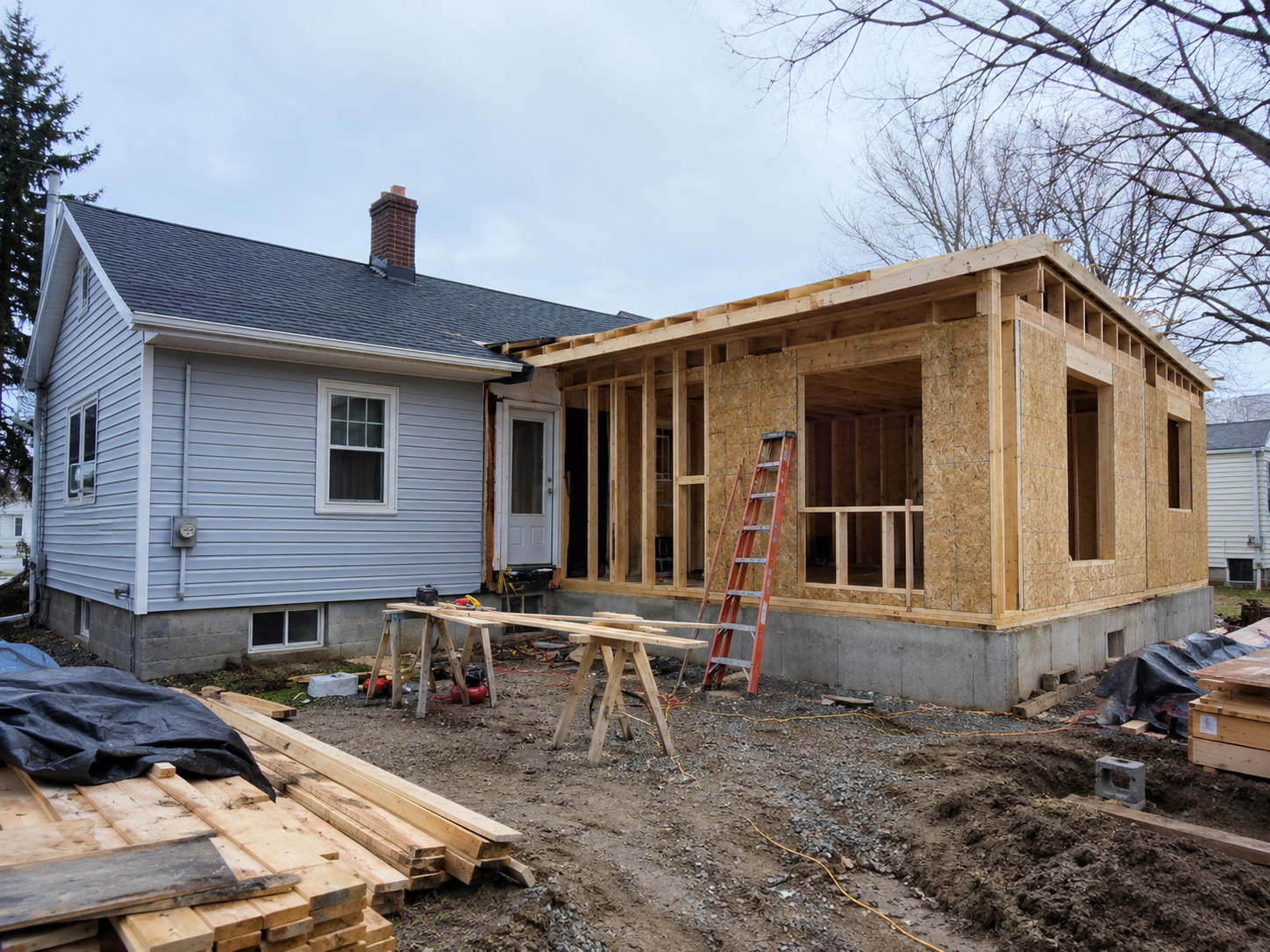 Construction site showing a house extension or renovation, with the wooden framework and walls being built on an existing house in a residential neighborhood.
