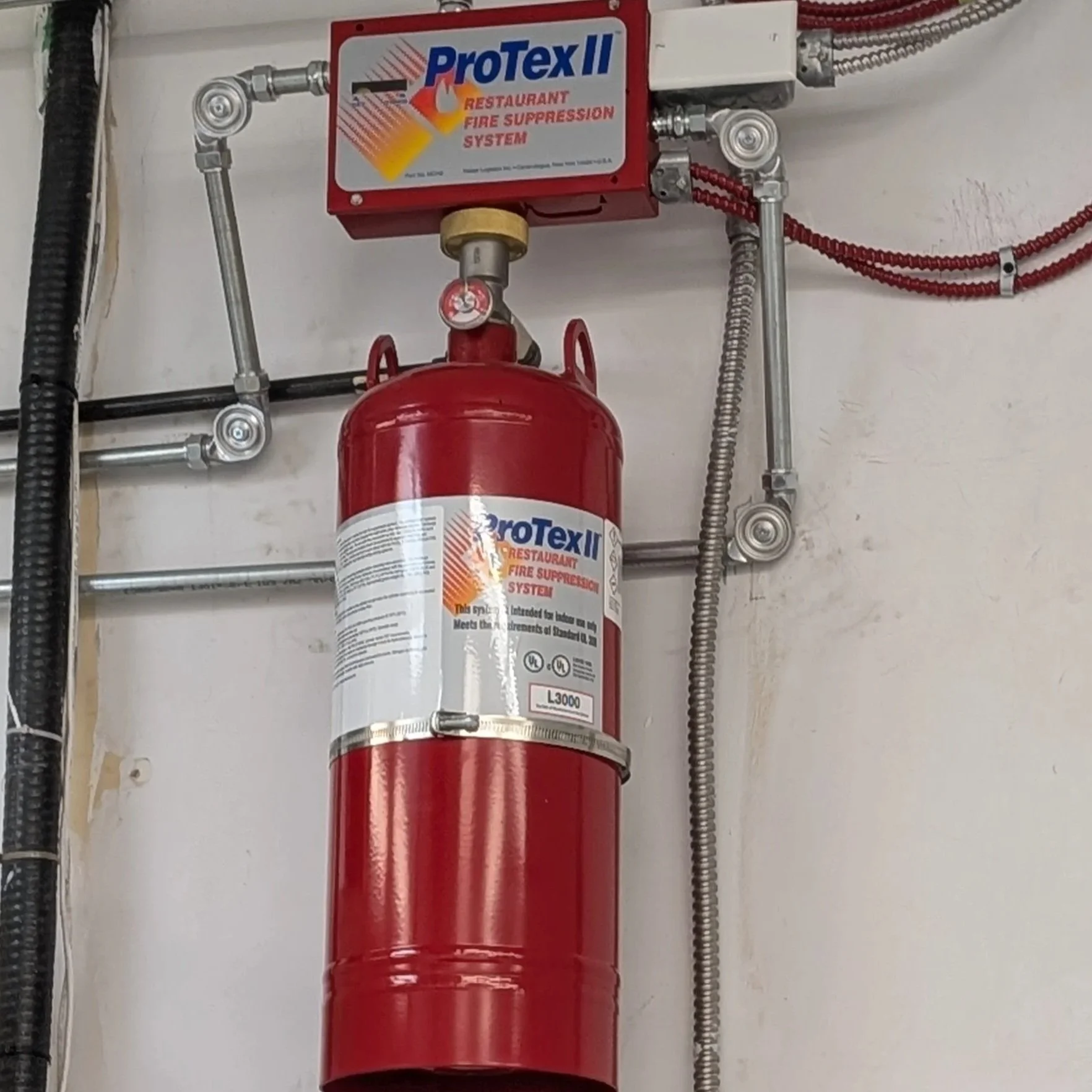 Red fire alarm fire suppression system labeled 'ProTex II' mounted on a white wall with pipes and electrical wiring around it.
