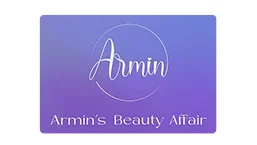 Purple and blue promotional card for Armin's Beauty Affair with white cursive text