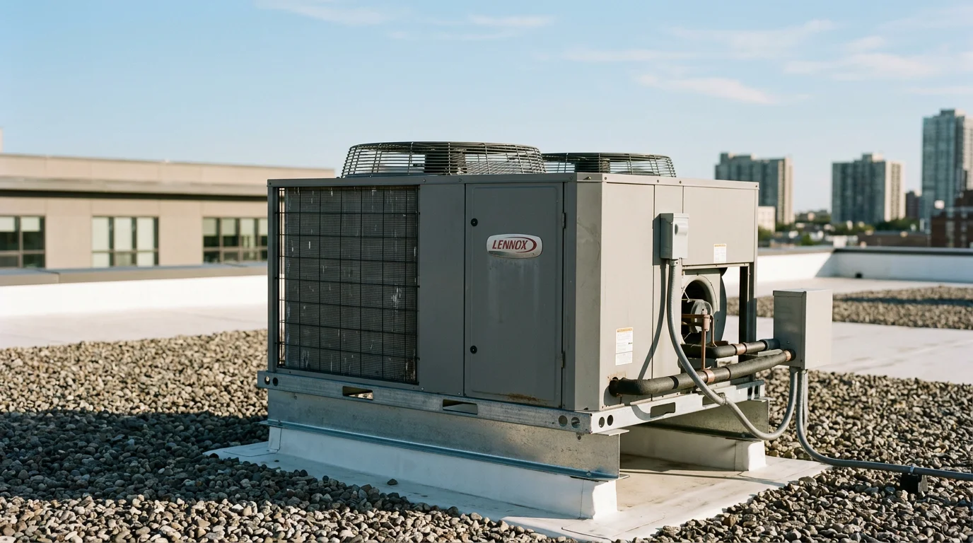 HVAC unit on a rooftop with city buildings in the background