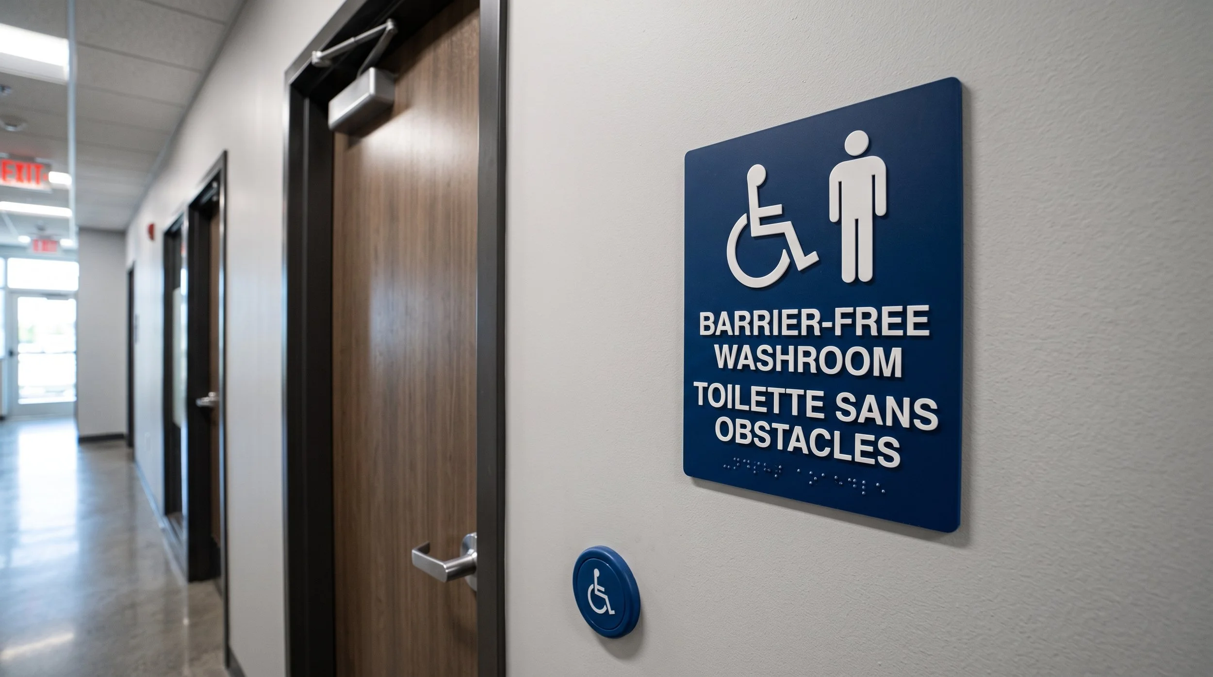 Sign on a wall indicating a barrier-free washroom with symbols for wheelchair accessibility and unisex use.