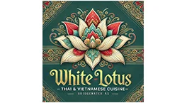 Logo for White Lotus Thai & Vietnamese Cuisine restaurant, featuring a stylized white lotus flower on a green and gold ornate background.