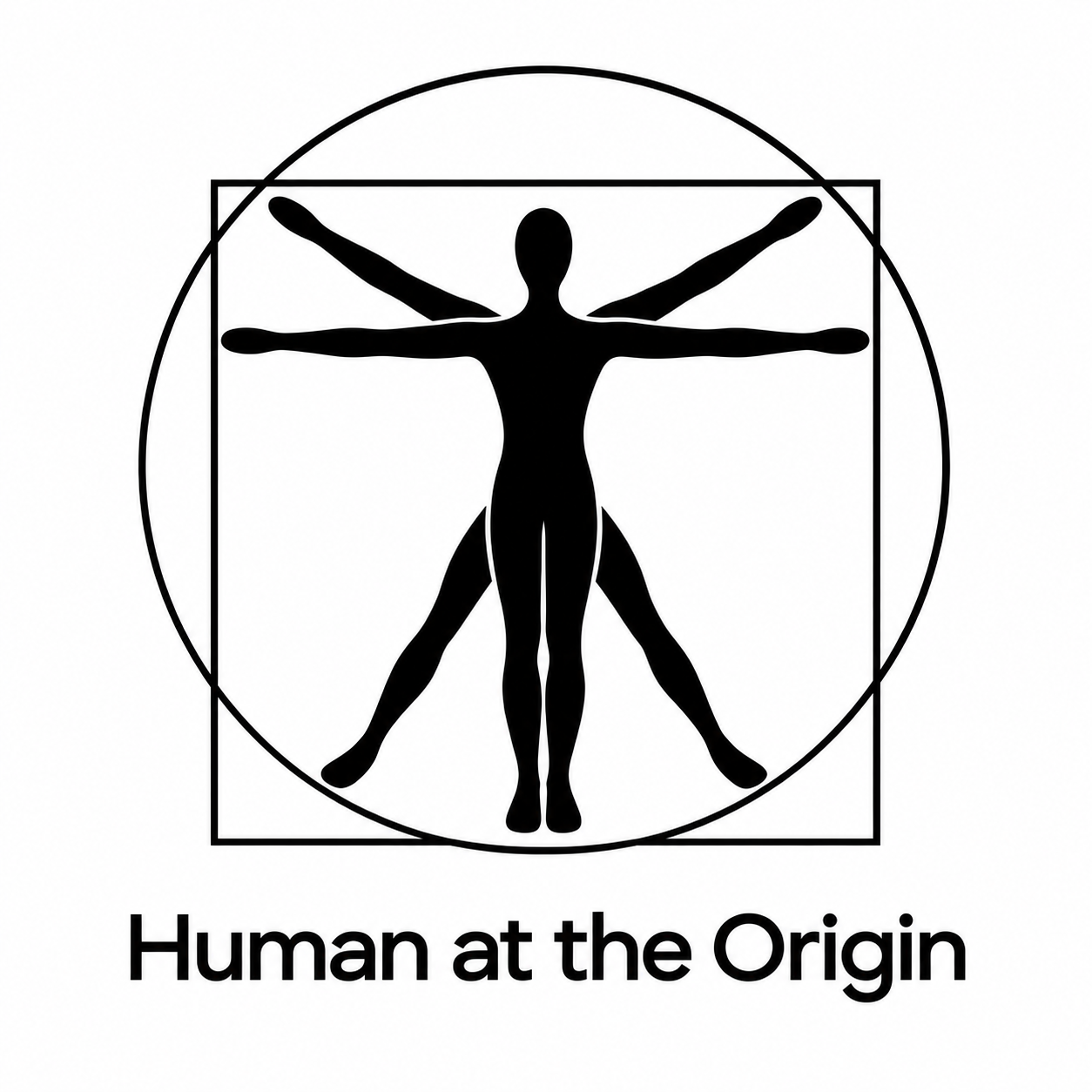 Human at the Origin logo: an abstract gender-neutral Vitruvian figure in black within a circle and square.
