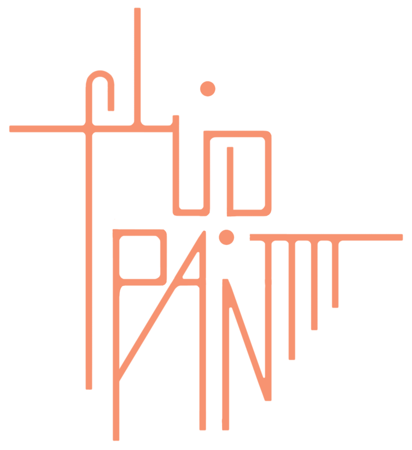 Das Bild zeigt ein neonartiges Design mit den Worten 'fluidpainttt' in leuchtend oranger Farbe auf einem schwarzen Hintergrund, gestaltet in einem minimalistischen, geometrischen Stil.