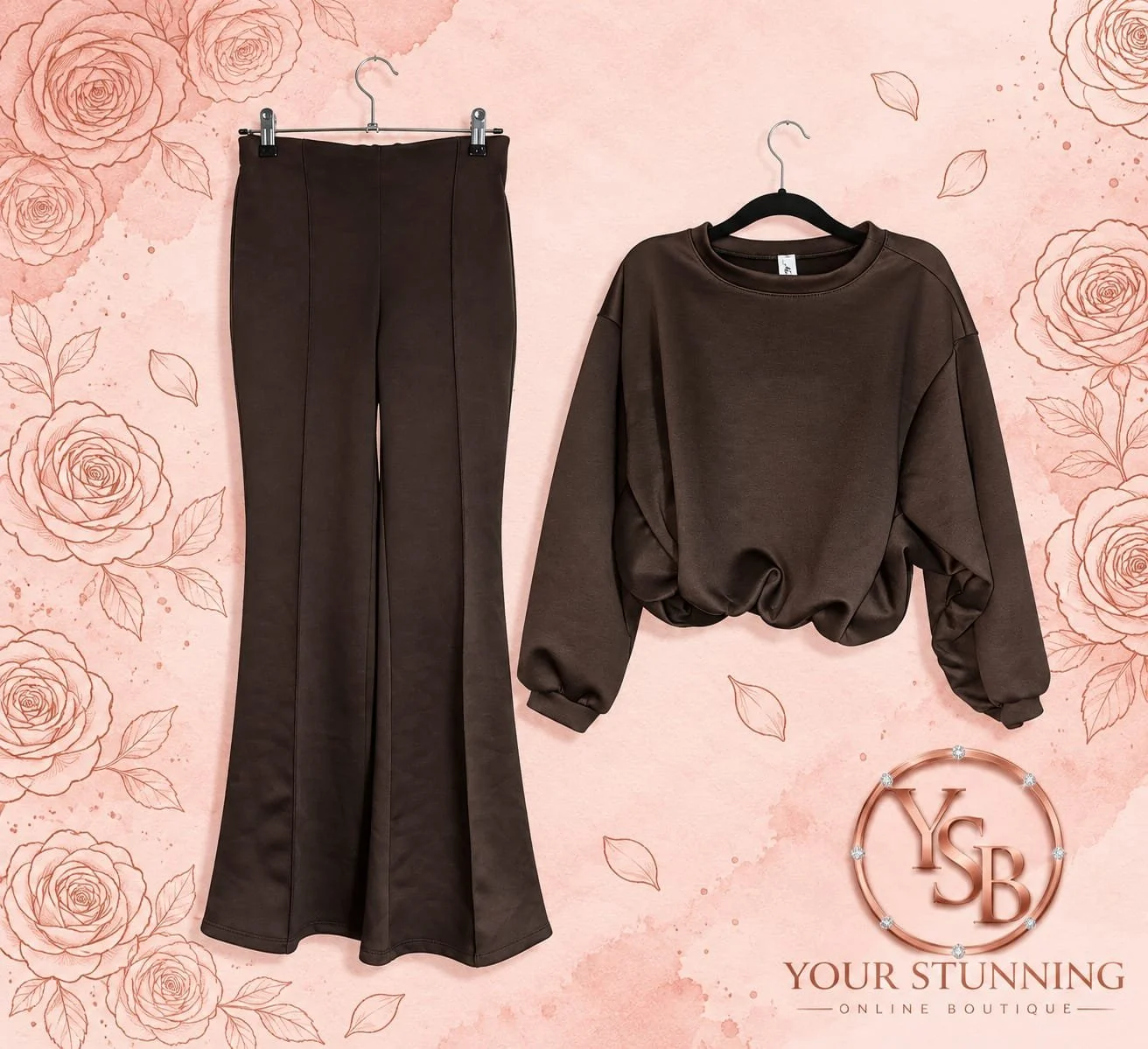 Chocolate Gathered Hem and Flared Trouser Co-Ord