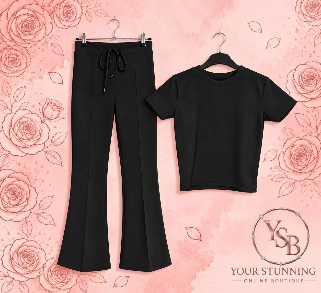 Black Casual Short Sleeve Tee and Flared Loungewear Set