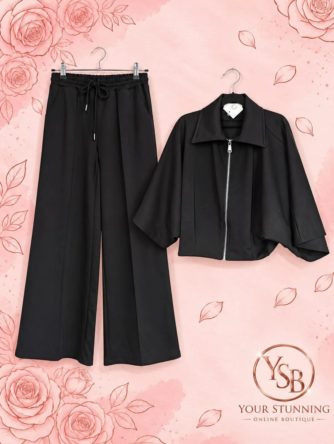 Black Collared Zip-Up and Wide Leg Trouser Co-Ord