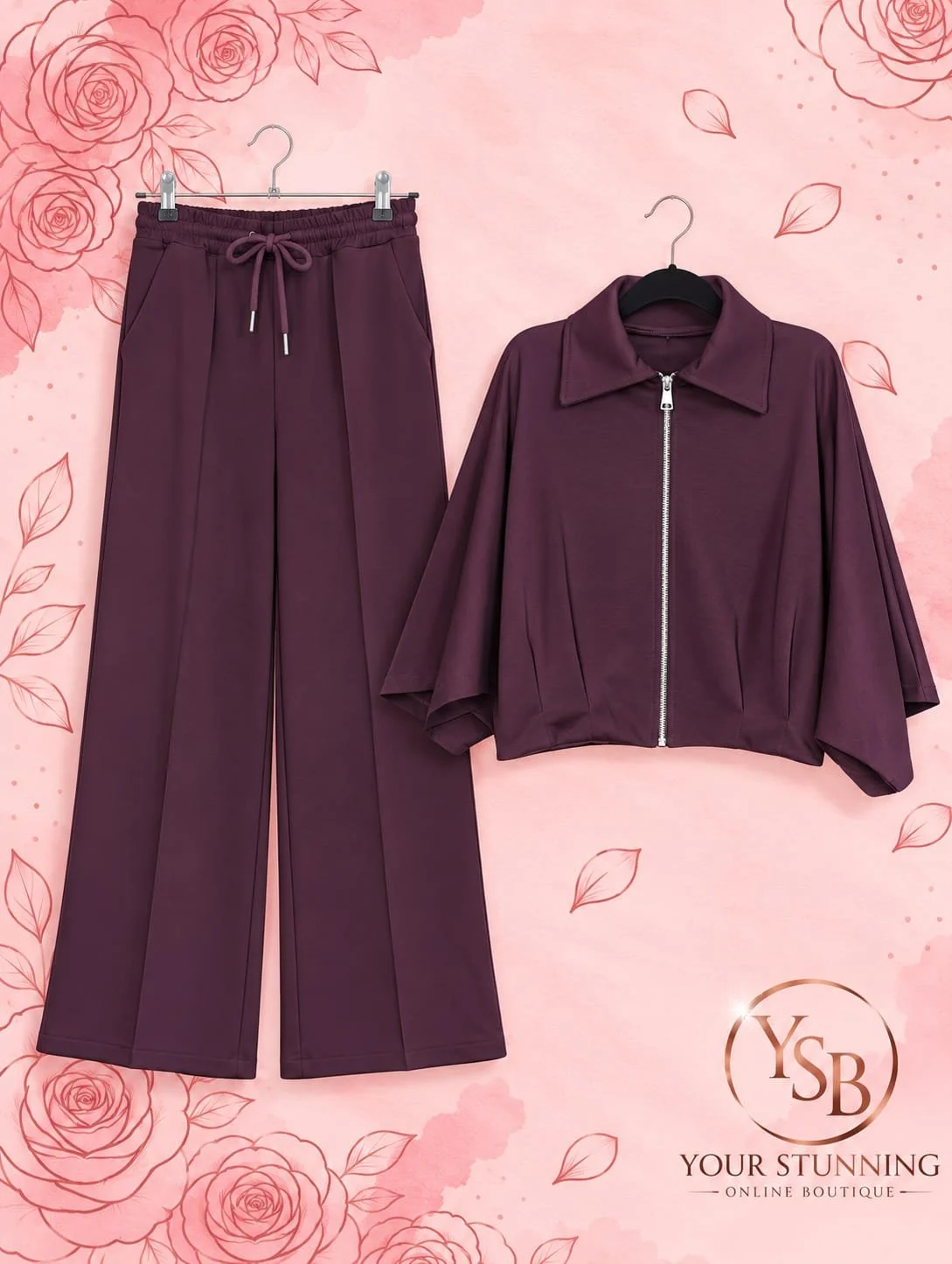 Plum Collared Zip-Up and Wide Leg Trouser Co-Ord