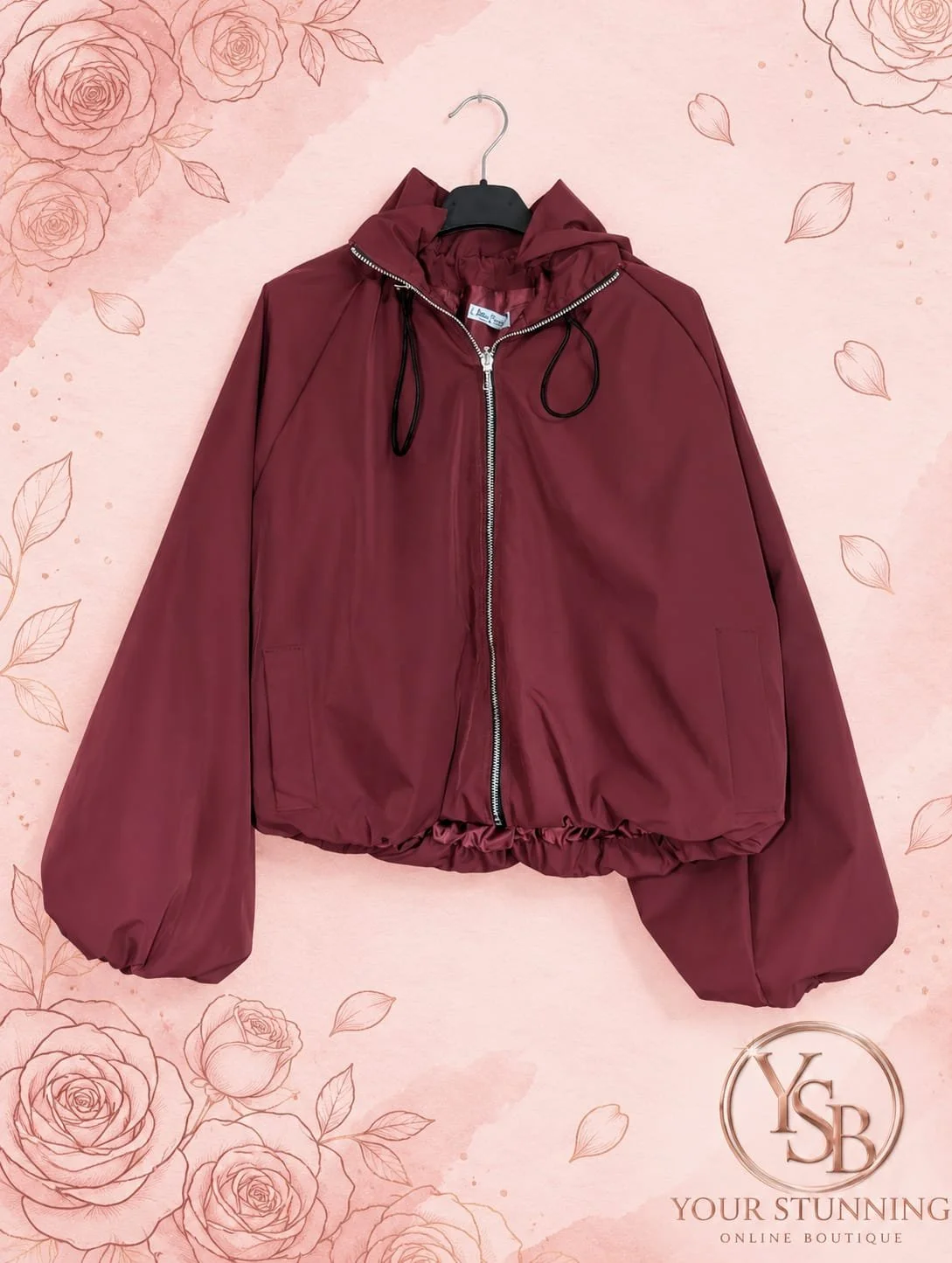 Burgundy Ruched Collar Zip-Up Jacket