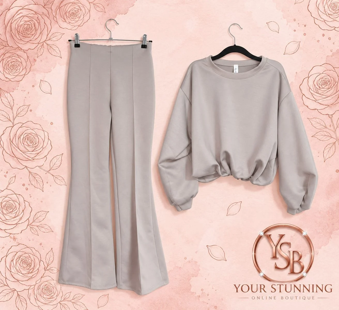 Stone Gathered Hem and Flared Trouser Co-Ord