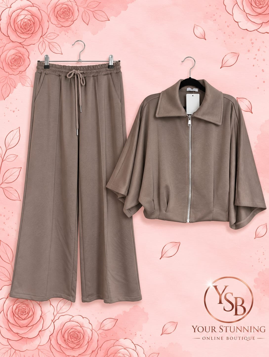 Taupe Collared Zip-Up and Wide Leg Trouser Co-Ord