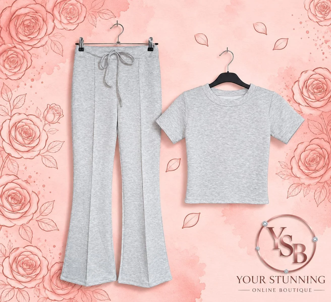Grey Casual Short Sleeve Tee and Flared Loungewear Set