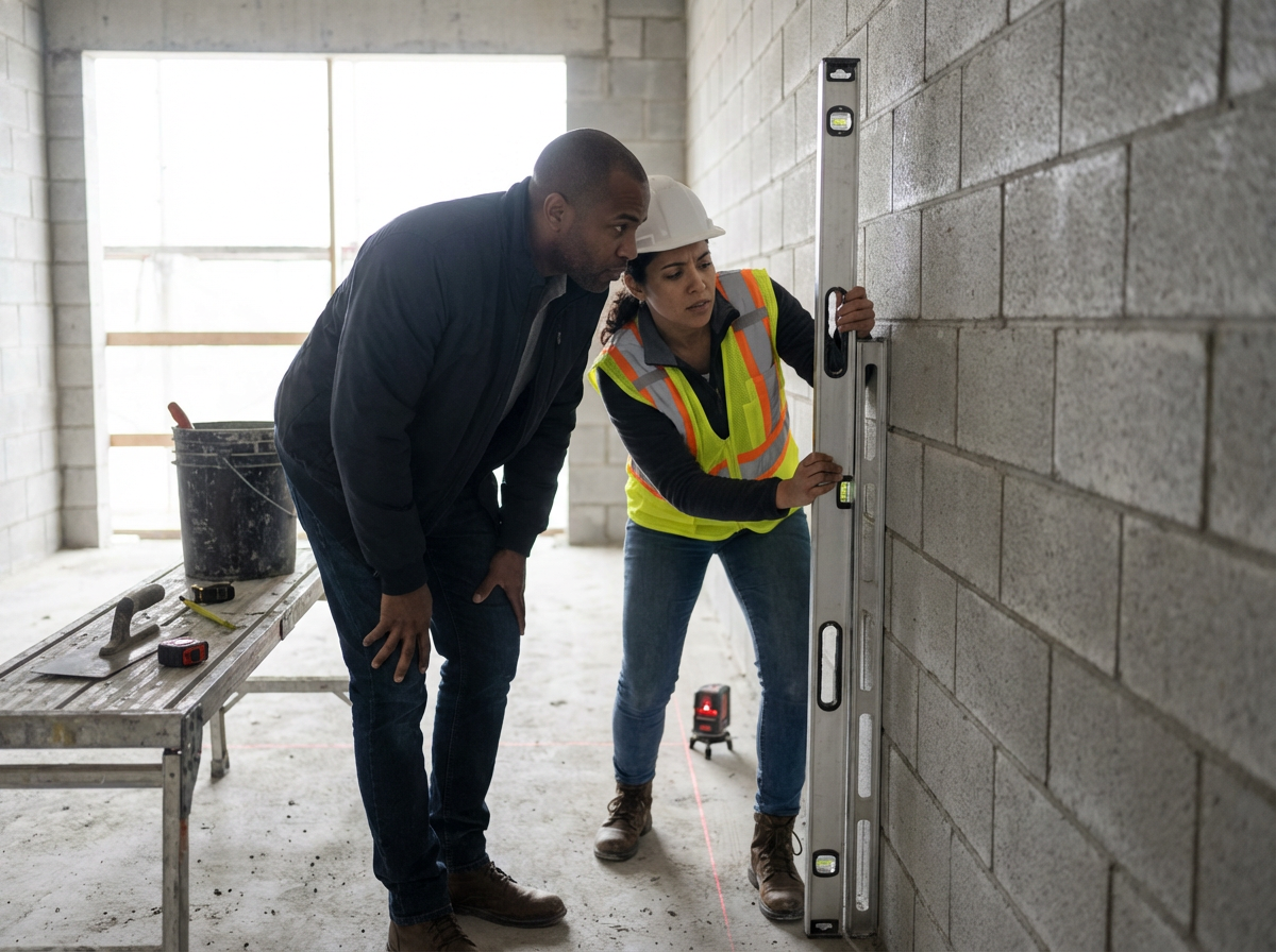 Two construction workers, one man and one woman, are working together inside an unfinished building. The woman, wearing a white hard hat and a reflective safety vest, is using a spirit level against a brick wall. The man is leaning in to observe her work closely. The room has an open window frame, and there are construction tools and a bucket on a wooden workbench nearby.