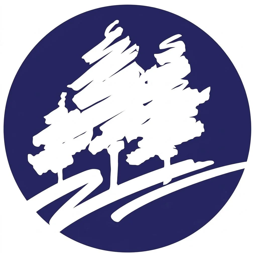 A blue circular logo with a white silhouette of three trees and a winding path in front of them.