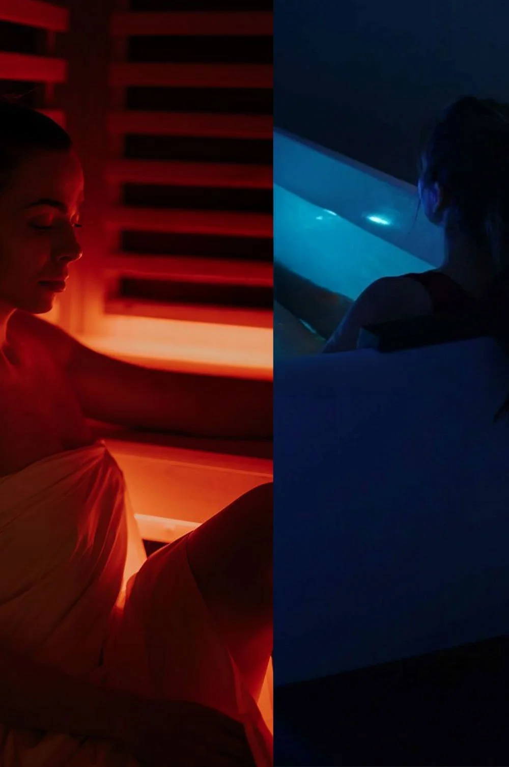 A split-screen photo featuring two women sitting in contrasting lighting; on the left side, a woman in a red-lit room, and on the right side, a woman in a blue-lit room, both looking away.