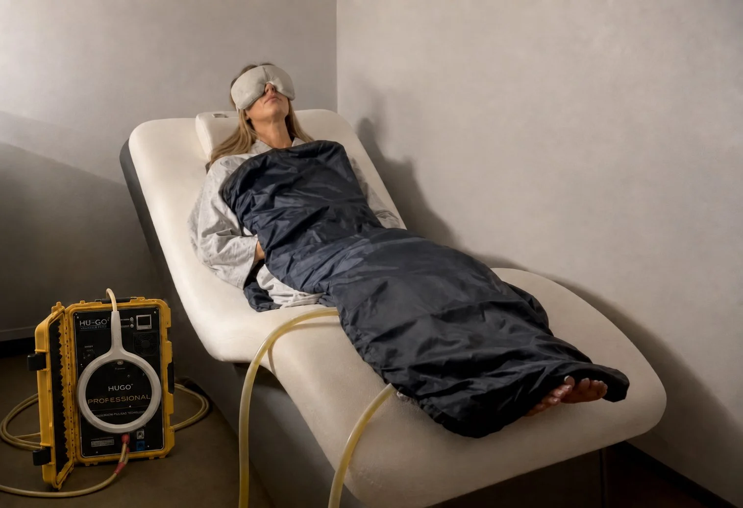 A woman lying on a medical recliner with a sleep mask on, connected to a yellow medical device with tubes.