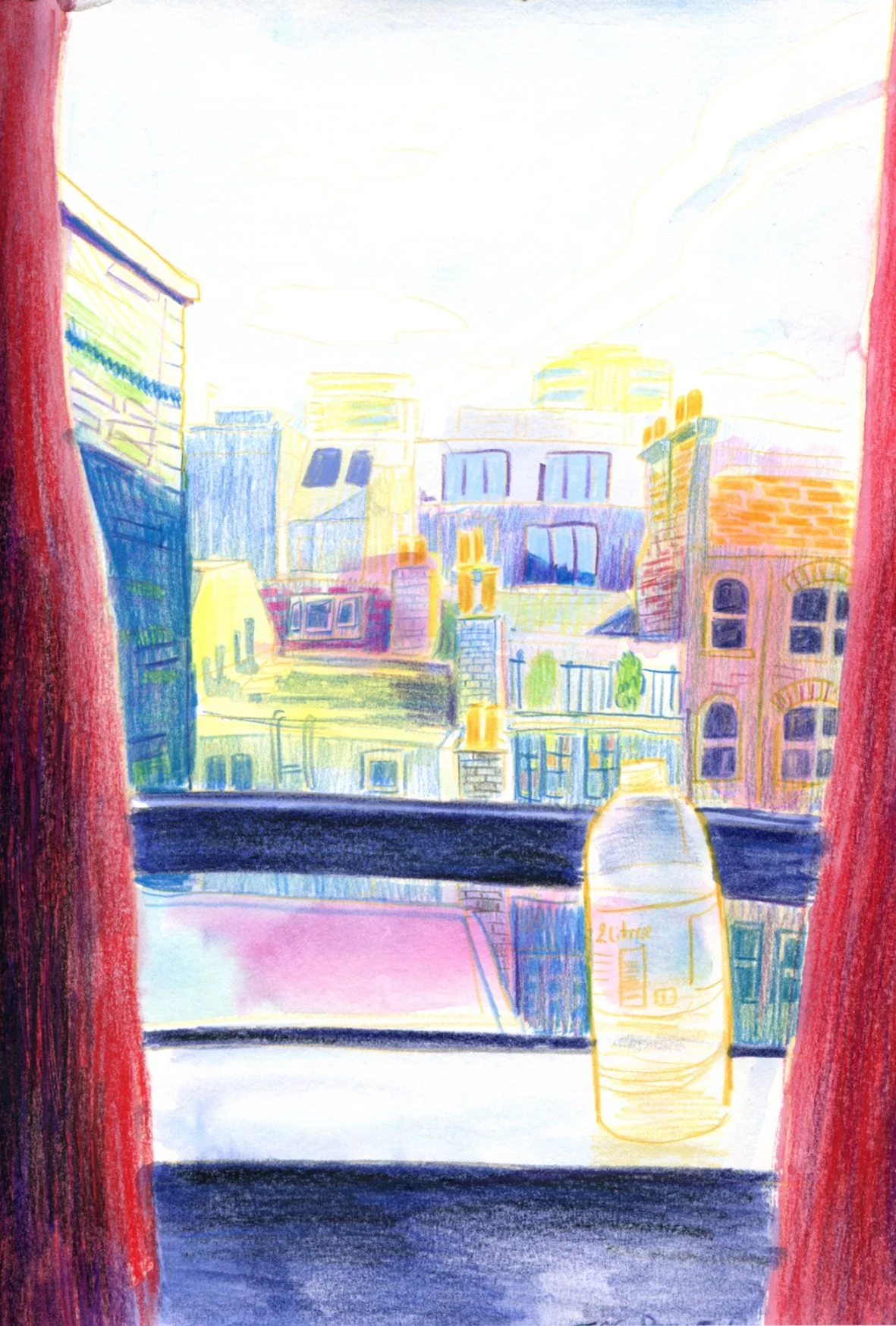 'London Window View' watercolor and color pencil on paper