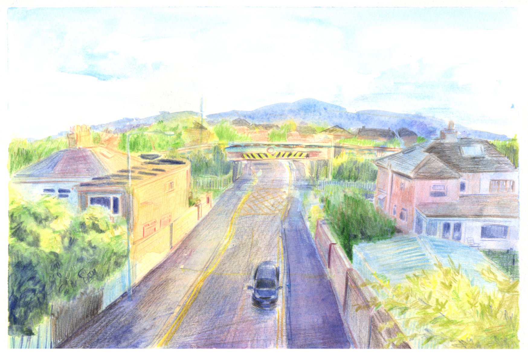 'Cardiff From the Train' watercolor on paper