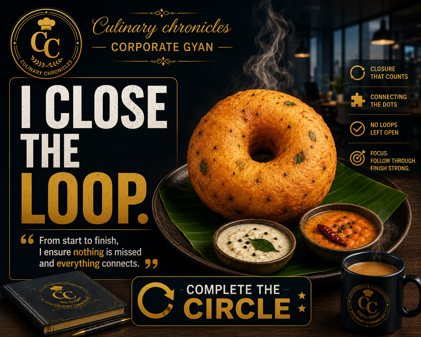 Medu vada with its central hole; approved poster reads “I close the loop.”