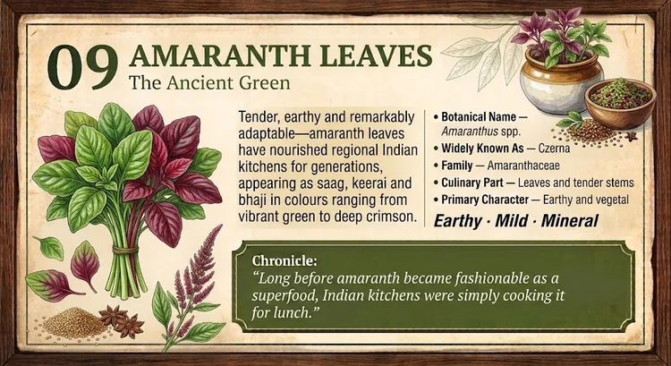 09 · AMARANTH LEAVES — The Ancient Green. Approved botanical editorial artwork.