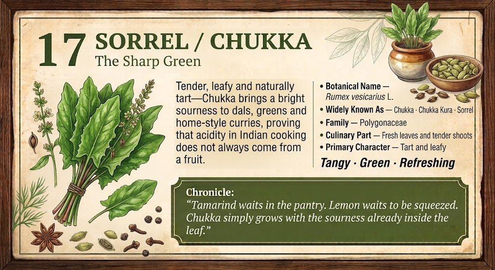17 · SORREL / CHUKKA — The Sharp Green. Approved botanical editorial artwork.
