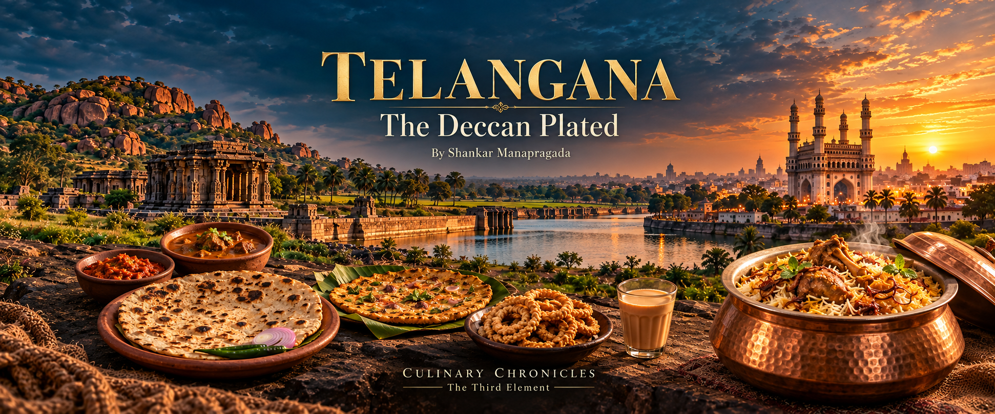 Cinematic panorama of Telangana cuisine and heritage, from millet breads to Hyderabadi biryani
