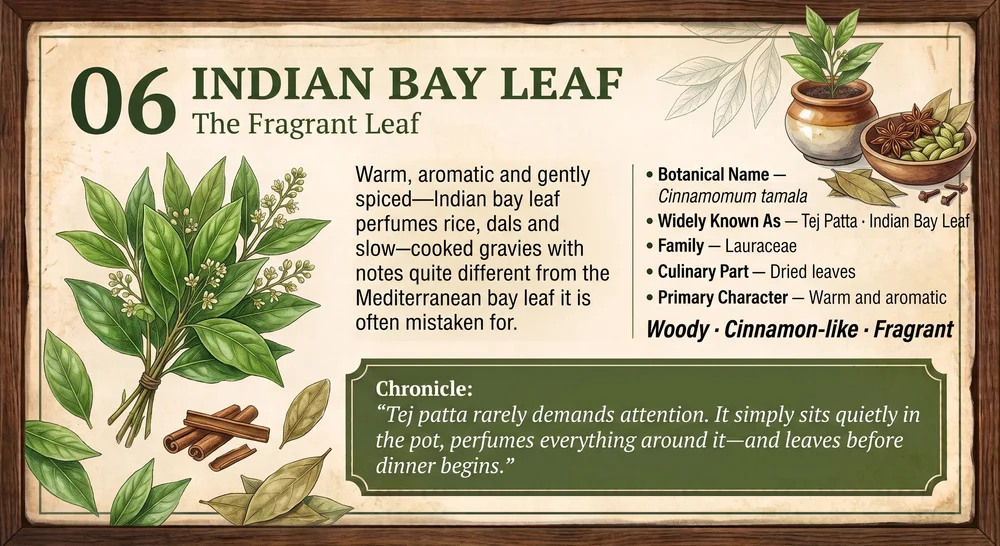 06 · INDIAN BAY LEAF — The Fragrant Leaf. Approved botanical editorial artwork.