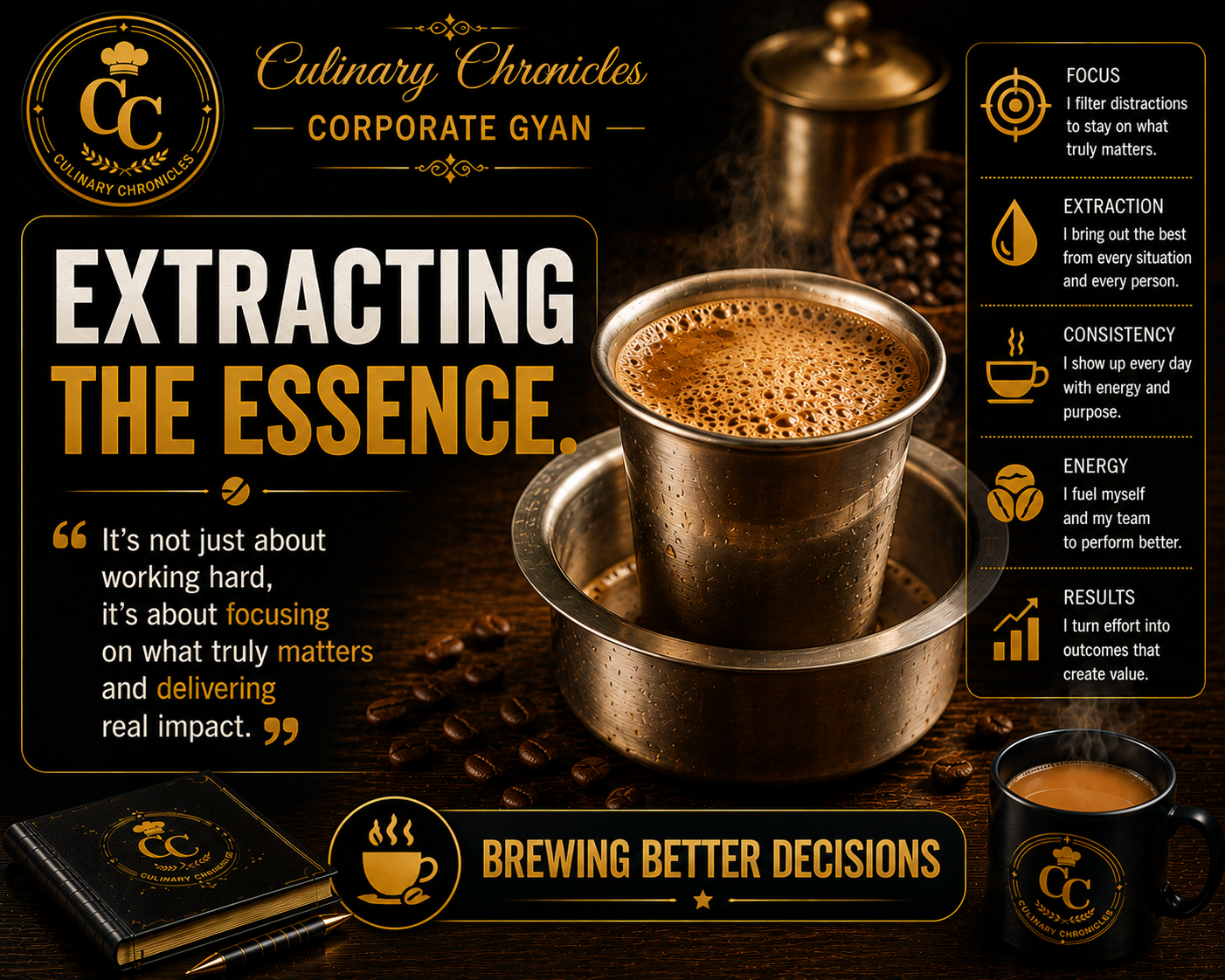 Filter coffee in a brass tumbler and dabara; approved poster reads “Extracting the essence.”